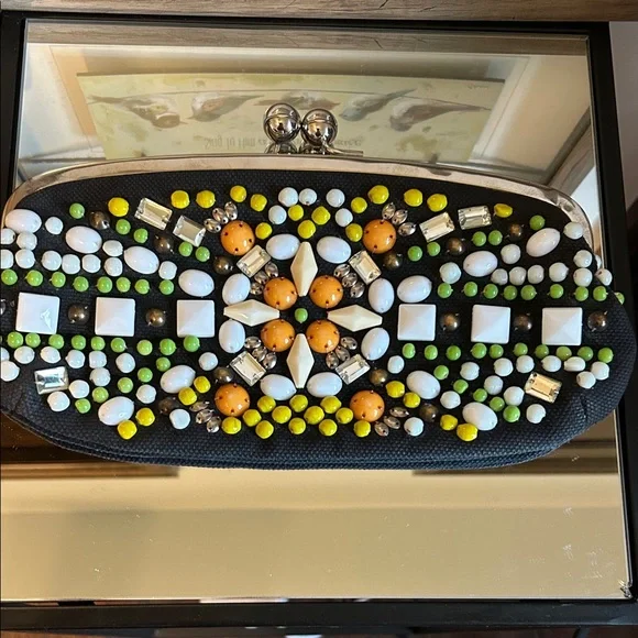 Chloe Black kiss lock Clutch with Colorful Beads - Picture 2 of 16